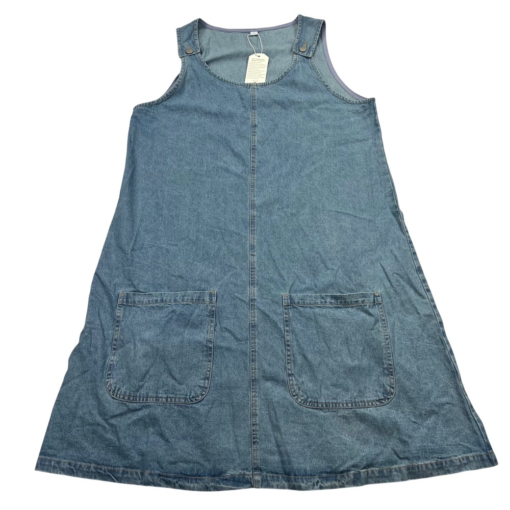 Denim Pinafore Jumper Dress Womens L Blue Patch Pockets